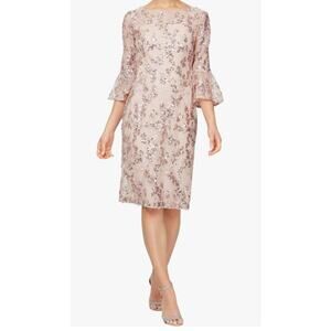 Alex Evenings Rose Gold Pink Floral Embroidered Sequin Sheath Midi Dress Sz 12